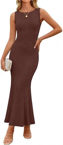 ZESICA Women's Summer Spring Sleeveless Knit Maxi Dress 2026 Boat Neck Bodycon Casual Vacation Pa... | Amazon (US)