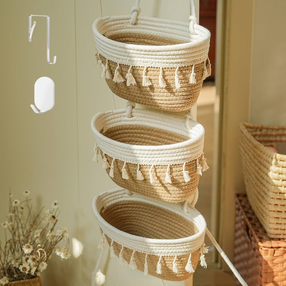 Hanging Baskets for Organizing,3-Tier Woven Cotton Wall-Mounted Storage Organizer Bag Decorative,... | Amazon (US)