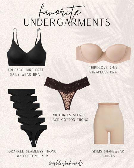 Favorite undergarments 🍒🩲 
True&Co wire free bra: L 
ThirdLove strapless bra: 38A 
Victoria’s Secret lace cotton thong: XL 
Grankee seamless thong: XL 
Skims shapewear shorts: 2X/3X (size up! true size fits SNUG) 
Other favorites linked in “similar products” 
#favorites #undergarments #thongs #underwear #seamless #bra #straplessbra #shapewear #spanx #shapewearshorts 

#LTKunder100 #LTKcurves #LTKstyletip