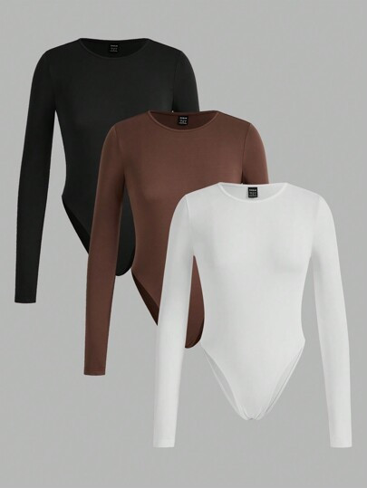 SHEIN EZwear 3pcs/Set Women's Casual Crew Neck Long Sleeve Bodysuit, Suitable For Spring Summer A... | SHEIN