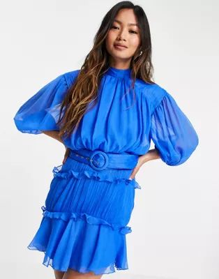 ASOS DESIGN high neck mini dress with ruffle detail and belt | ASOS (Global)