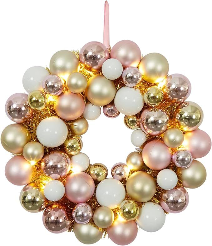Fashionwu 16 Inch Christmas Ball Wreath with Lights Pink White Gold Shatterproof Balls Ornaments ... | Amazon (US)