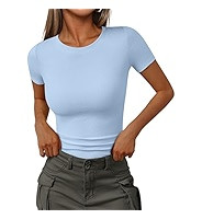 Trendy Queen Womens Short Sleeve Shirts Crewneck Ribbed Knit Slim Fitted T-Shirt Summer Tops Basi... | Amazon (US)