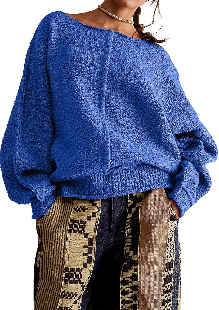 Womens Oversized Sweaters Casual Textured Fuzzy Sweater Crew Neck Ribbed Knit Long Sleeve Fall Lo... | Amazon (US)