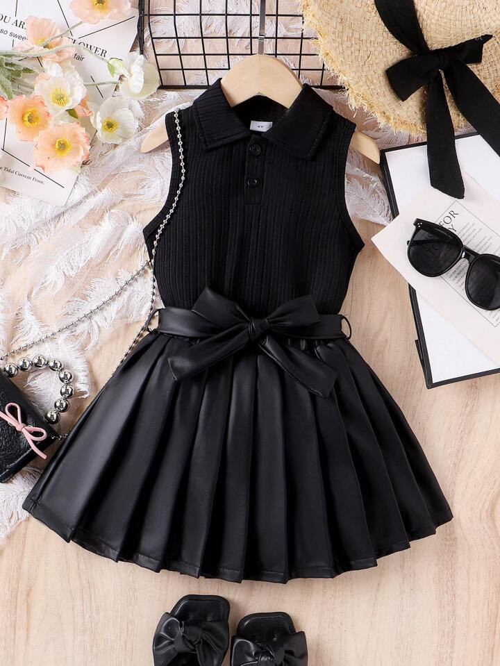 Young Girl Black Sleeveless Top With Collar And Belted Pleated Skirt Set For Summer | SHEIN