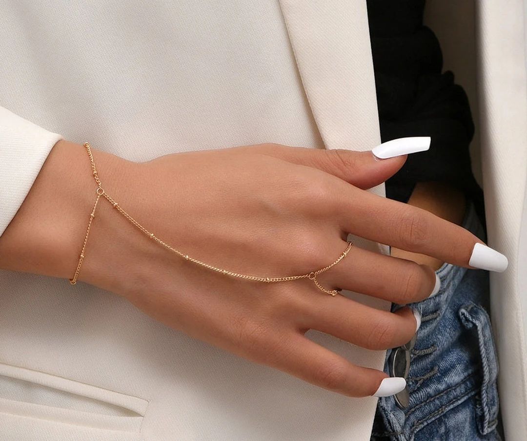14k Solid Gold - Dainty Beaded - Link Hand Chain Bracelet - Slave Bracelet - Finger Chain Bracele... | Etsy (UK)