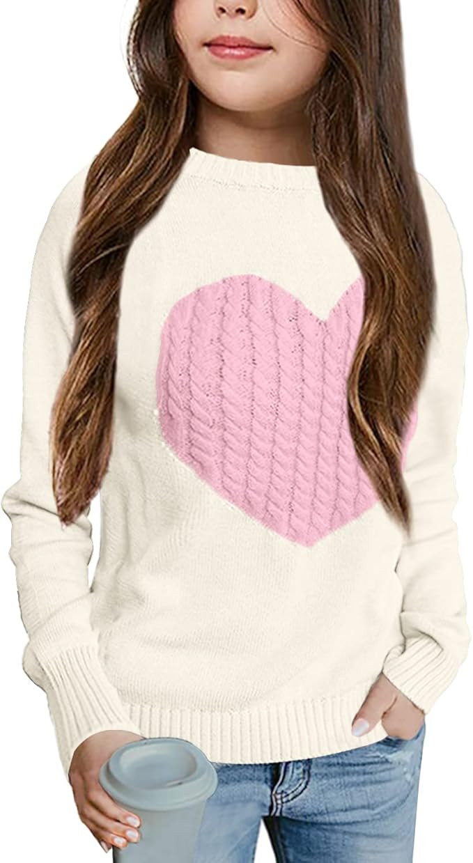 Batermoon Girls' Pullover Sweaters Long Sleeve Cute Heart Pattern Crewneck Knit Jumper Tops | Amazon (US)