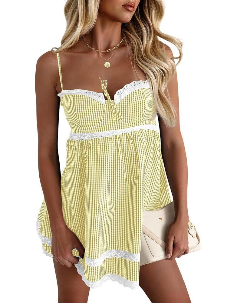 Wenrine Womens Summer Mini Dress Spaghetti Strap Sweetheart Y2K Plaid Lace Trim Tiered Beach Sund... | Amazon (US)
