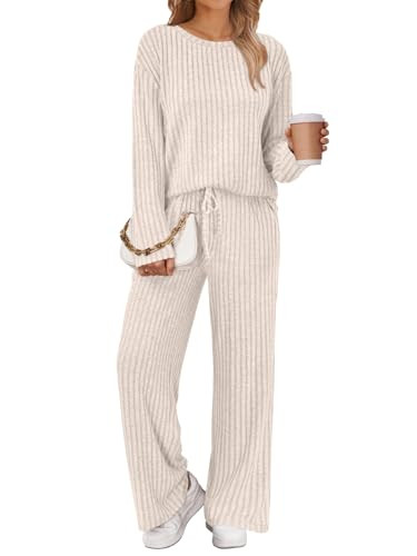 LILLUSORY Womens Lounge Sets 2 Piece Matching Pajamas Fall Fashion 2026 Ribbed Knit Outfits Long Sleeve Casual Sweatsuits Trendy Plus Size Sweaters Cute Sleep Wears Travel Soft Clothes Apricot XL | Amazon (US)