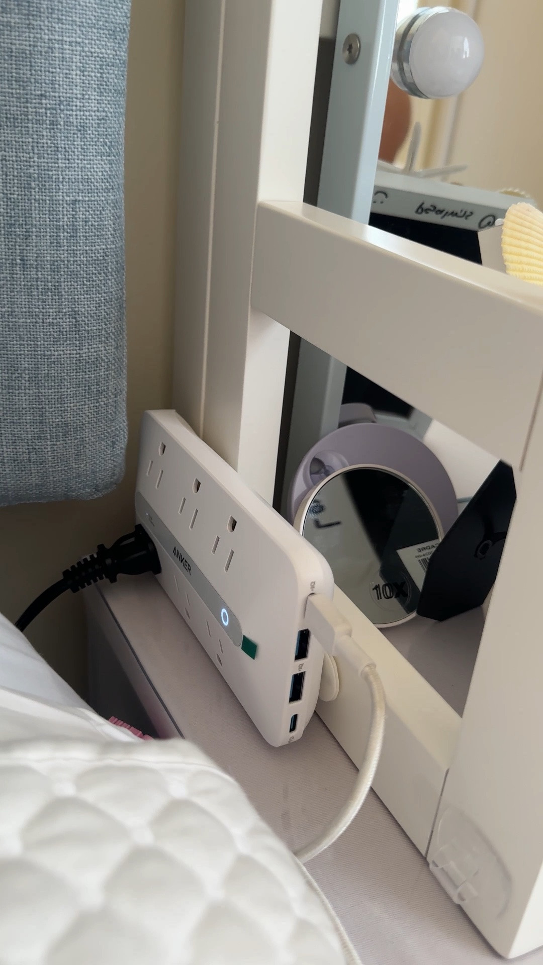 Use command strips to fasten power strip near bed for easy access charging. #dormroom