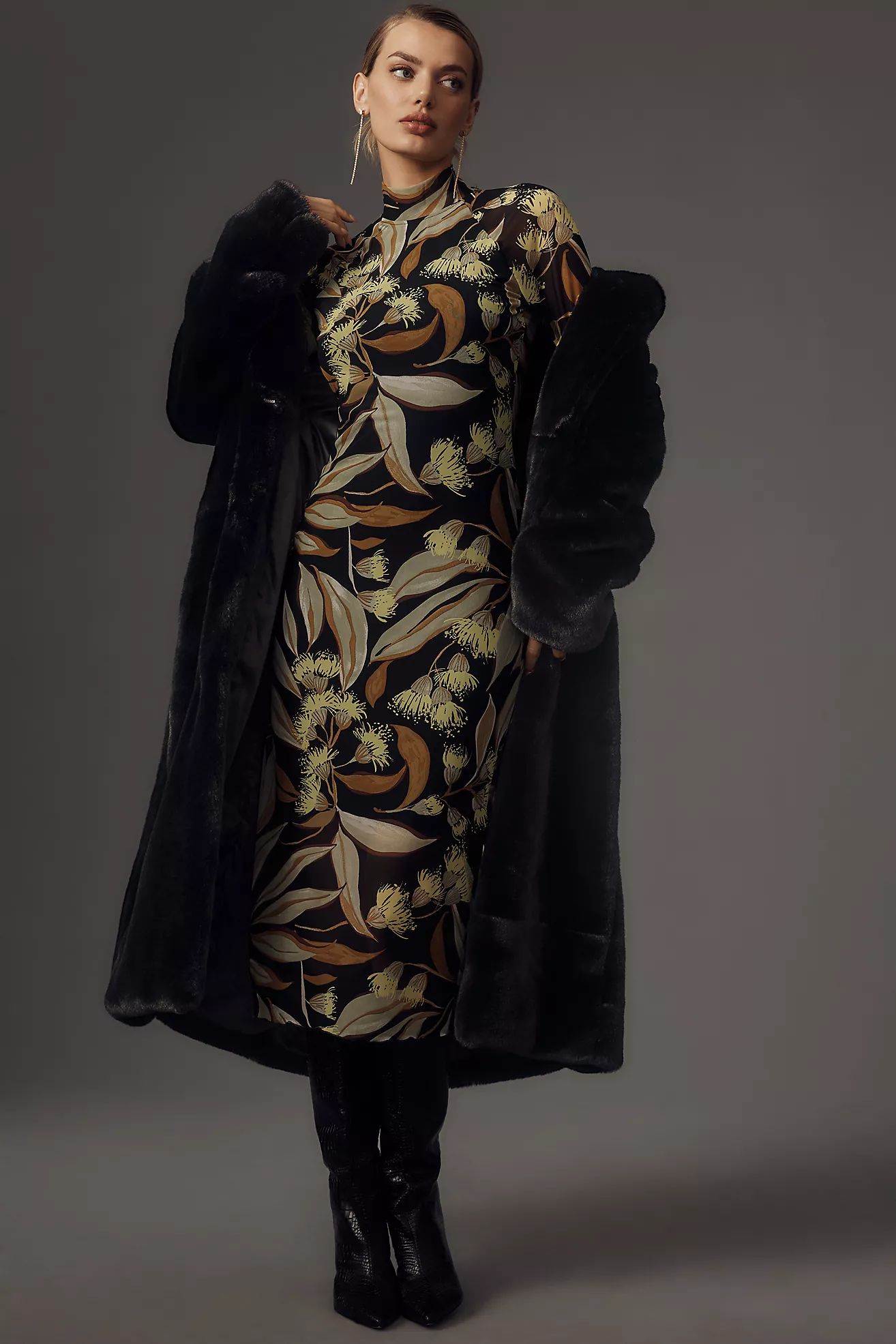 By Anthropologie Long-Sleeve Mock-Neck Printed Slim Midi Dress | Anthropologie (US)