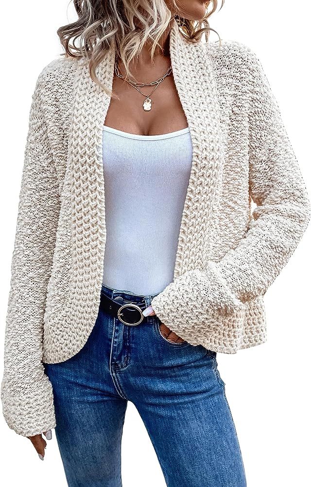 MakeMeChic Women's Popcorn Knit Long Sleeve Open Front Fuzzy Cardigan Sweater | Amazon (US)