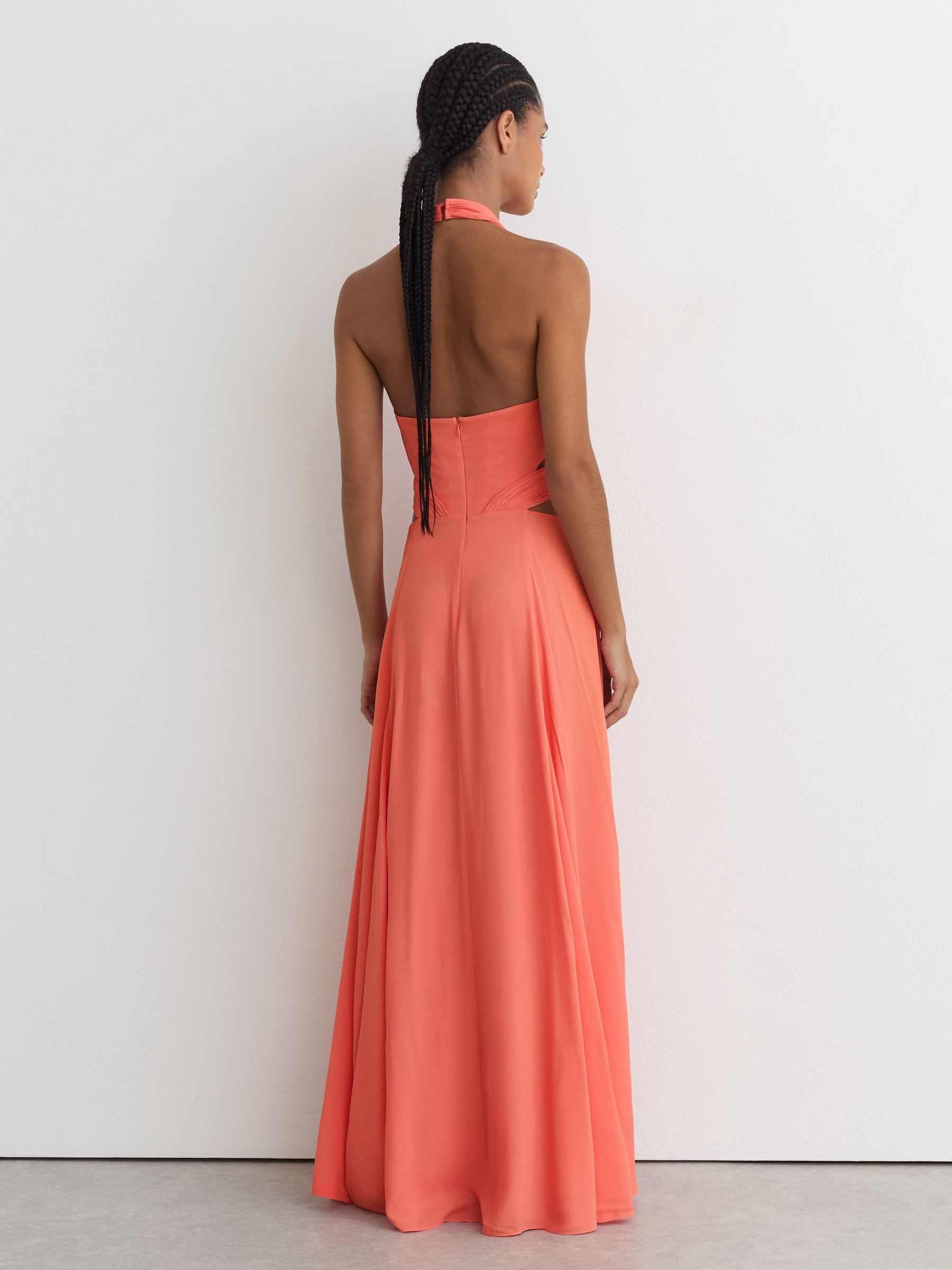 Halterneck Pleated Maxi Dress in Coral Pink | Reiss UK