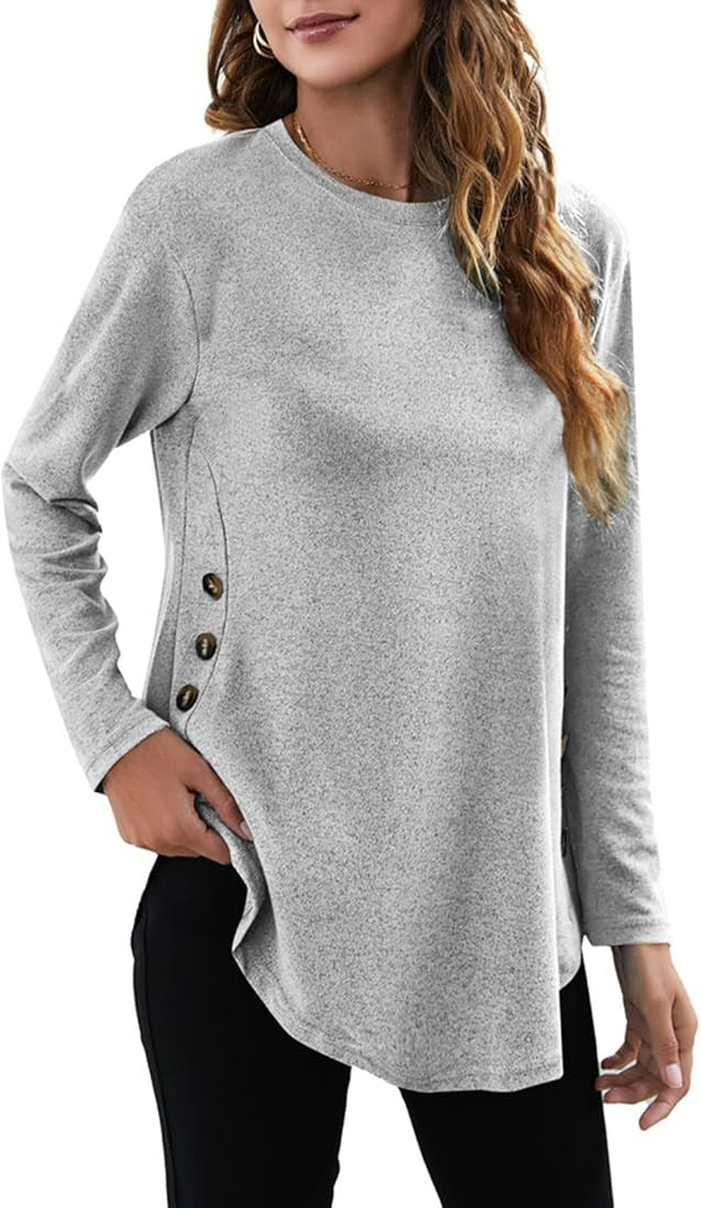 Womens Casual Fall Shirt Long Sleeve Round Neck T Shirts Loose Fit Tunics Tee Asymmetrical Hem Butto | Amazon (US)