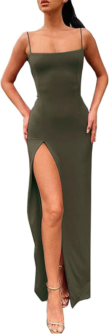 PRIMODA Women's Club Party Dress | Spaghetti Strap, Backless, Thigh-high Slit, Bodycon, Maxi Long | Amazon (US)