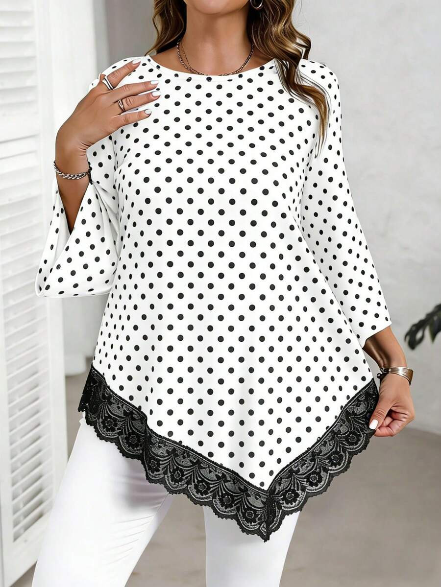 Mother's Day & Vacation Casual Irregular Hem Lace Polka Dot Print Plus Size Shirt, Suitable For S... | SHEIN
