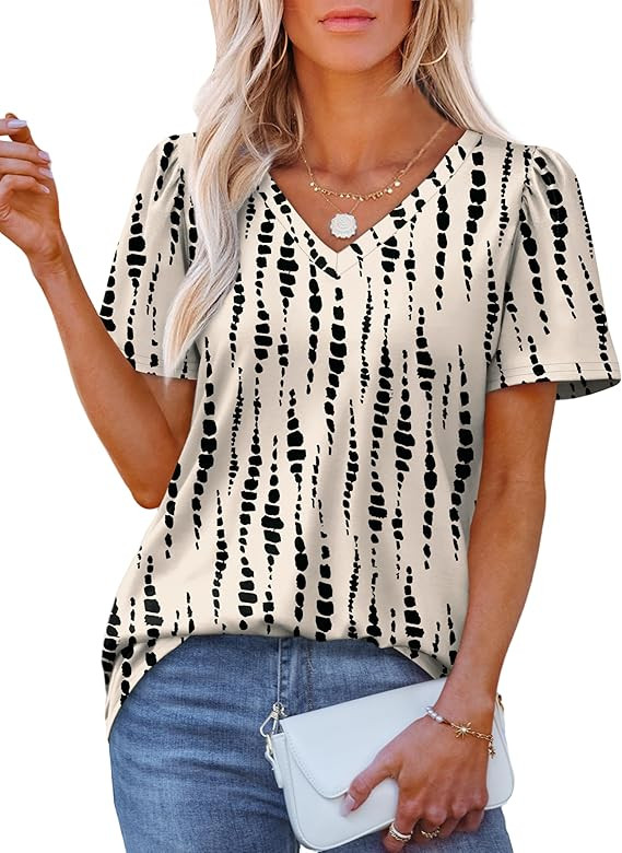 OFEEFAN T Shirts for Women V Neck Dressy Casual Blouses Puff Short Sleeve Summer Tops Loose Fit | Amazon (US)