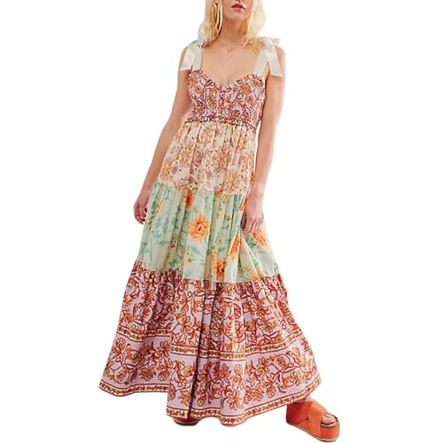 Women Summer Dresses Flowy Smocked Maxi Dress Sleeveless Tie Shoulder Boho Dresses Y2K Floral Beach Sundresses, Purple, Medium | Amazon (US)