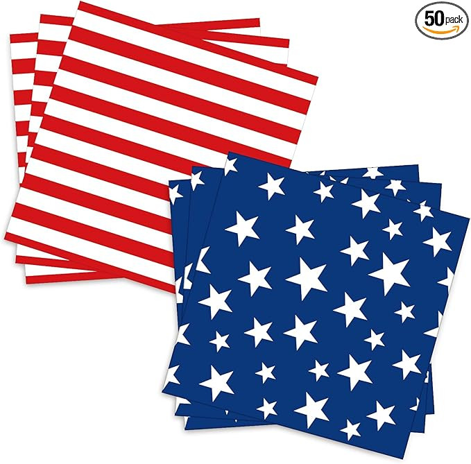 50 Count American Flag Paper Napkins – 25 Red & White Stripe and 25 Blue with Stars Design, Dis... | Amazon (US)