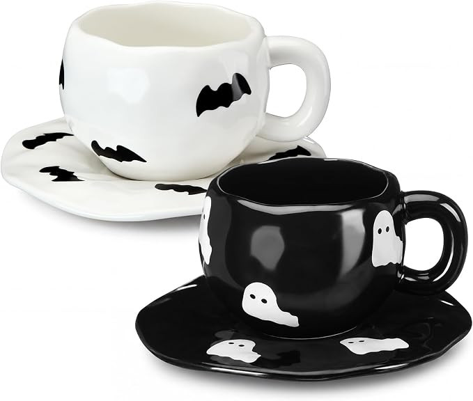 Havawish Set of 2 Halloween Ceramic Mug with Saucer, Bat Ghost Cups | Amazon (US)
