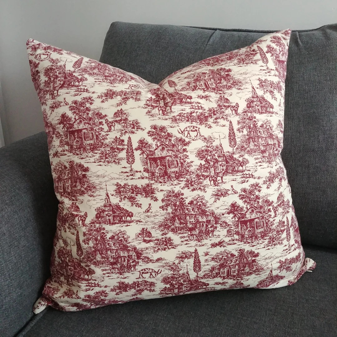 Cream and Burgundy Toile Pillow Cover, French Style Fabric Cushion Cover - Etsy | Etsy (US)