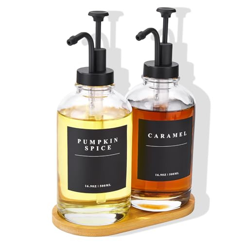 Coffee Syrup Dispenser for Coffee Bar, Coffee Syrup Pump Dispenser, Glass Syrup Bottle with Black Upgraded Pump, 2 Pack 16.9 oz 500 ml Syrup Dispensers, 28 Labels and Bamboo Tray | Amazon (US)