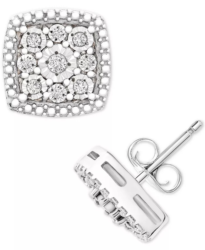 Diamond Cushion Cluster Stud Earrings (1/10 ct. t.w.) in Sterling Silver | Macy's
