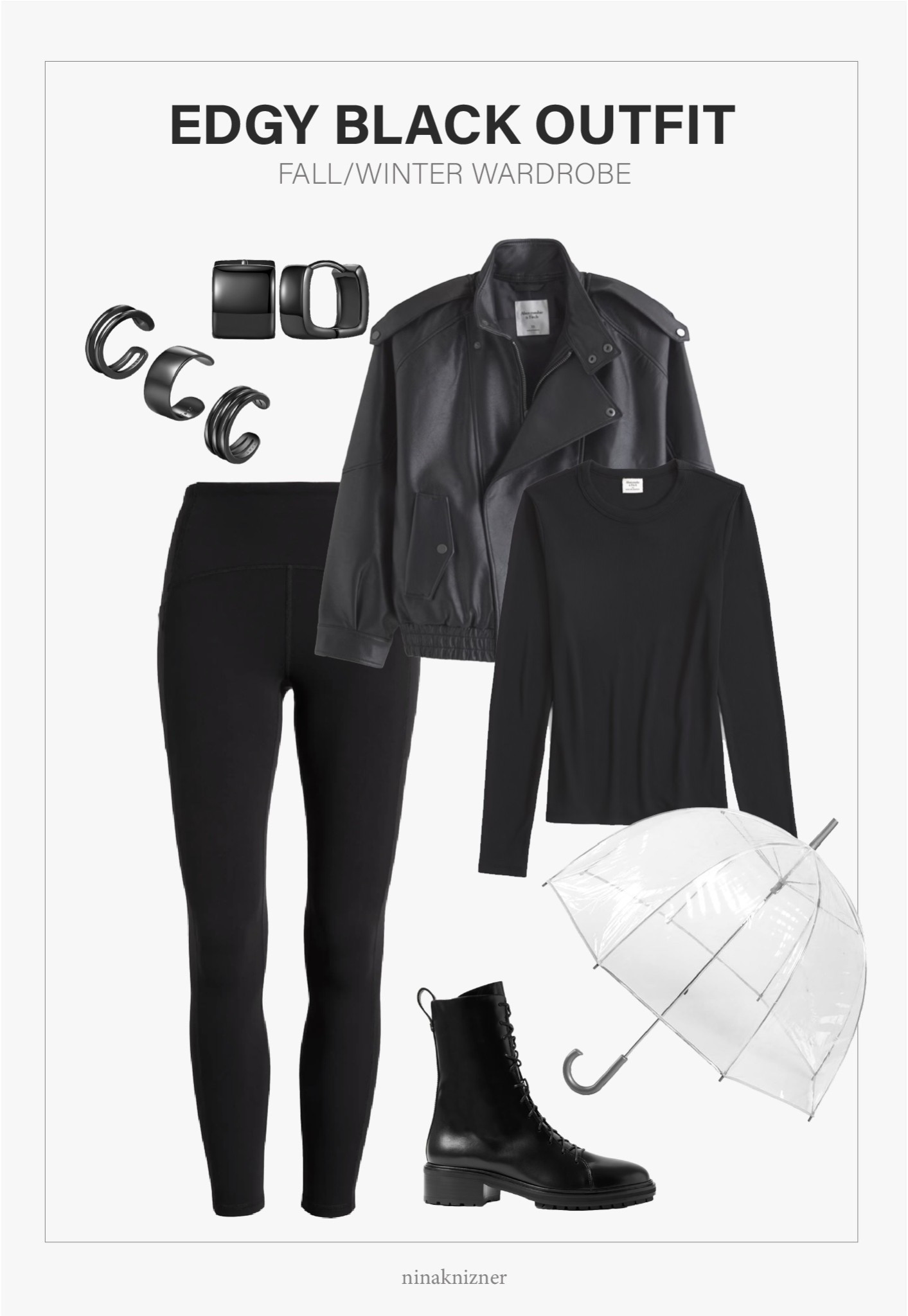 Oooouhhh, loving this casual but super edgy fit for the season. Effortless, but elevated with a hint of badass.

- Amazon Square Stud Earrings in black 
- Amazon Ear Cuff Earrings in black 
- Abercrombie Relaxed Mockneck Vegan Leather Bomber Jacket in black 
- Abercrombie Rib Long-sleeve Baby Tee in black 
- Lululemon Align Leggings in black 
- Amazon Clear Bubble Umbrella 
- Aeyde Black Isa Leather Lace-up Ankle Boot

#leather #leatherbomberjacket #jacket #leatherjacket #boots #fallboots #winterboots #ankleboots #combatboots #LTKFall #umbrella #fall #winter #boots #leatherboots
#blackboots #booties
#blackleatherboots #wintershoes #shoes #casual

#LTKHoliday