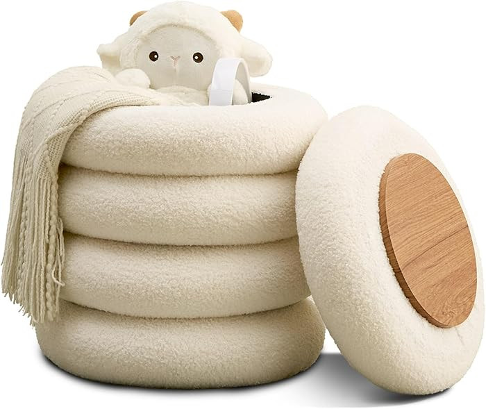 Wimarsbon Round Storage Ottoman, Modern Sherpa Footstool, Teddy Vanity Stool with Flip-Top Tray, ... | Amazon (US)