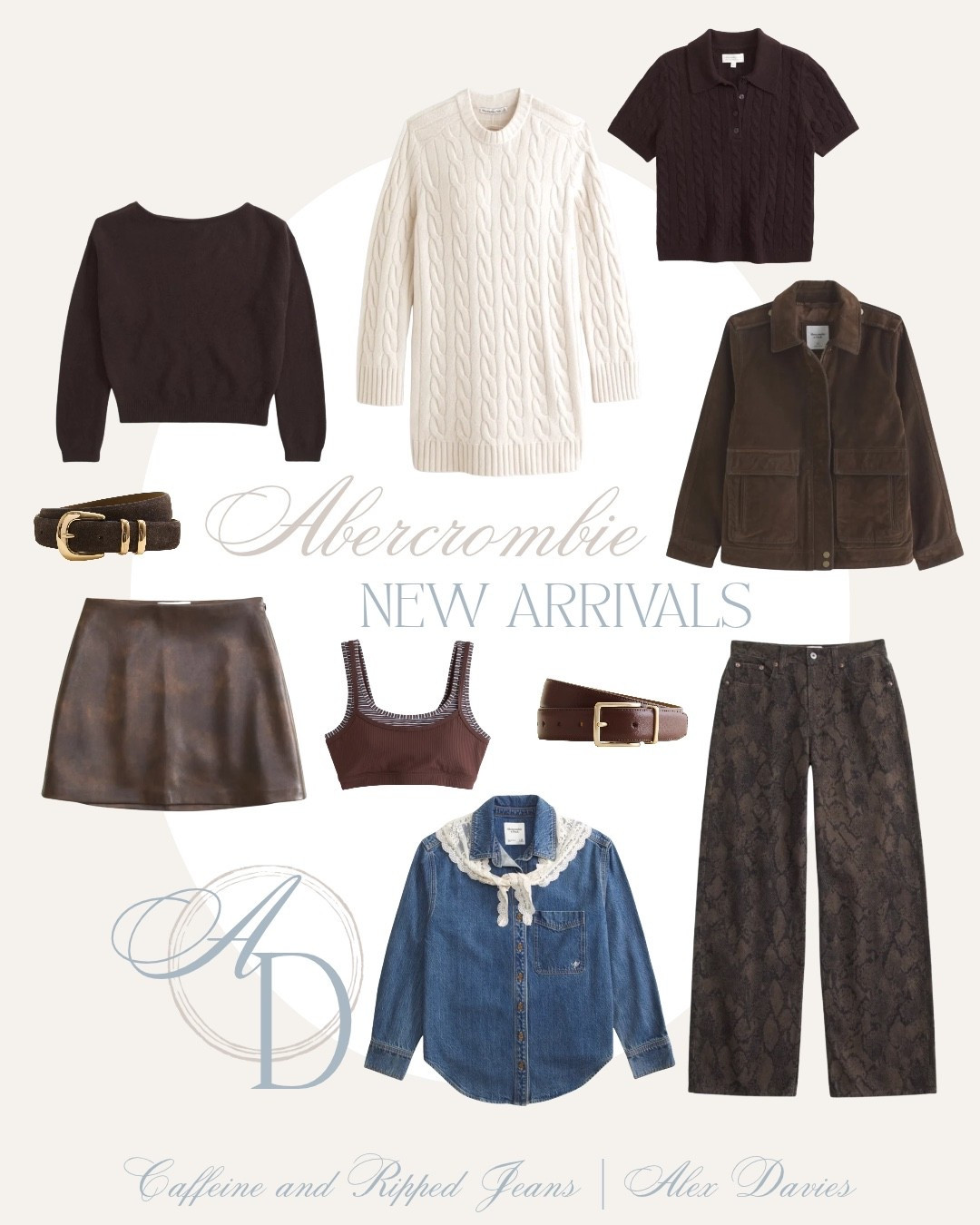 // @abercrombie new arrival favorites // cable knit sweater dress // snake print denim jeans // denim jacket with scarf // brown velvet denim jacket // leather skort // cable knit collared shirt // belts //