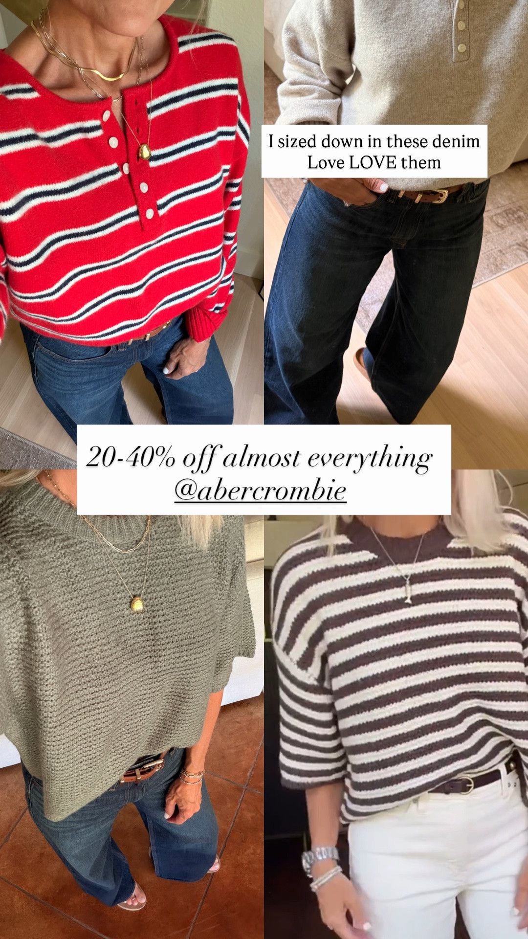 Great sale @abercrombie 
20 to 40% off almost everything 
Sweaters – size small
Denim – sized down one size to 26 ￼￼￼

#LTKmomlife #LTKSaleAlert #LTKOver40