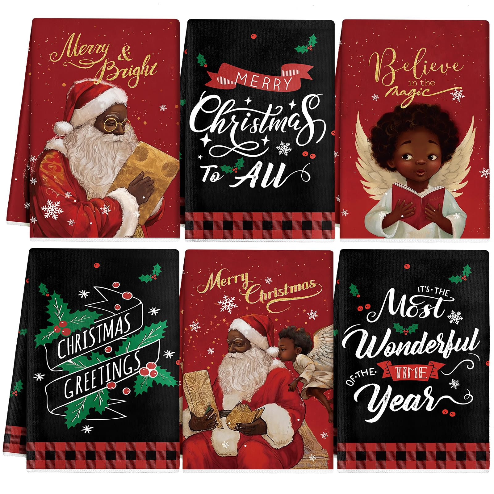 Hosuly 6 Pcs Christmas Kitchen Towels African American Black Santa Dish Clothes Xmas Black and Re... | Amazon (US)