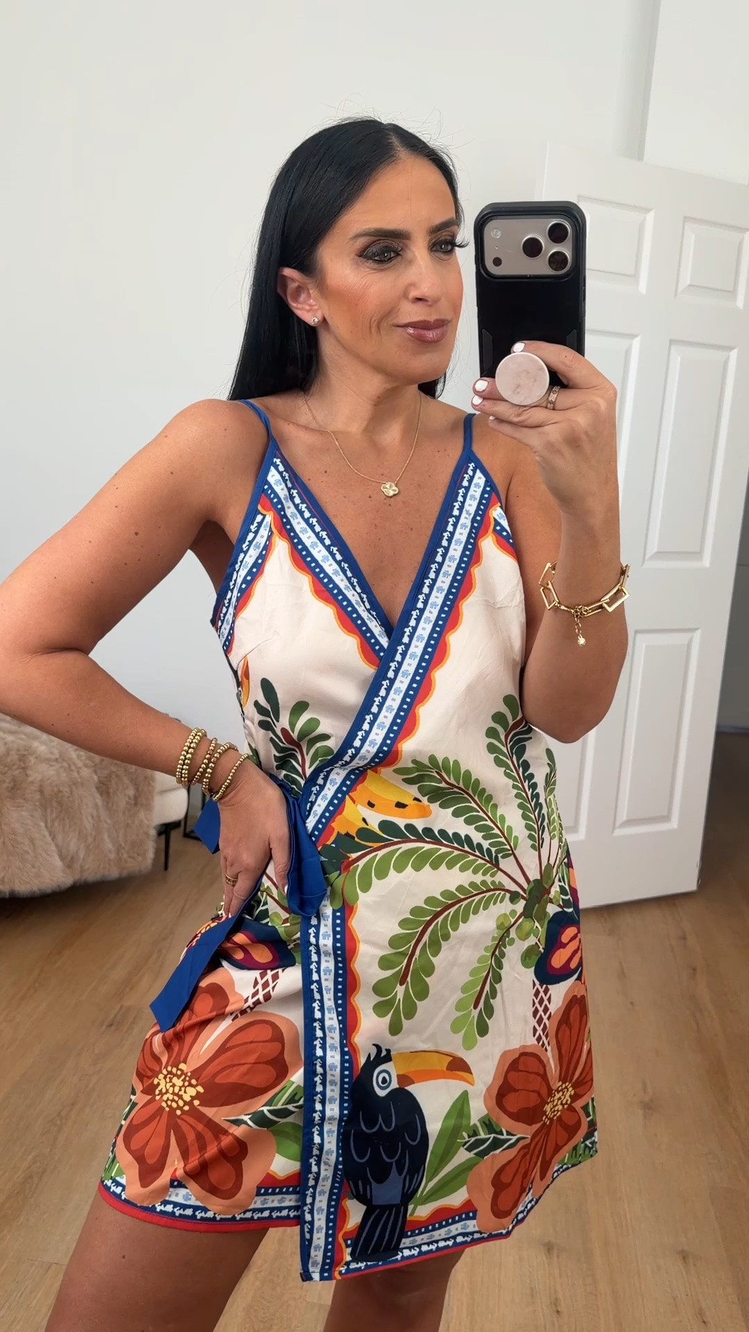 Farm Rio inspired from amazon Tropical Print Mini wrap dress wearing size medium.