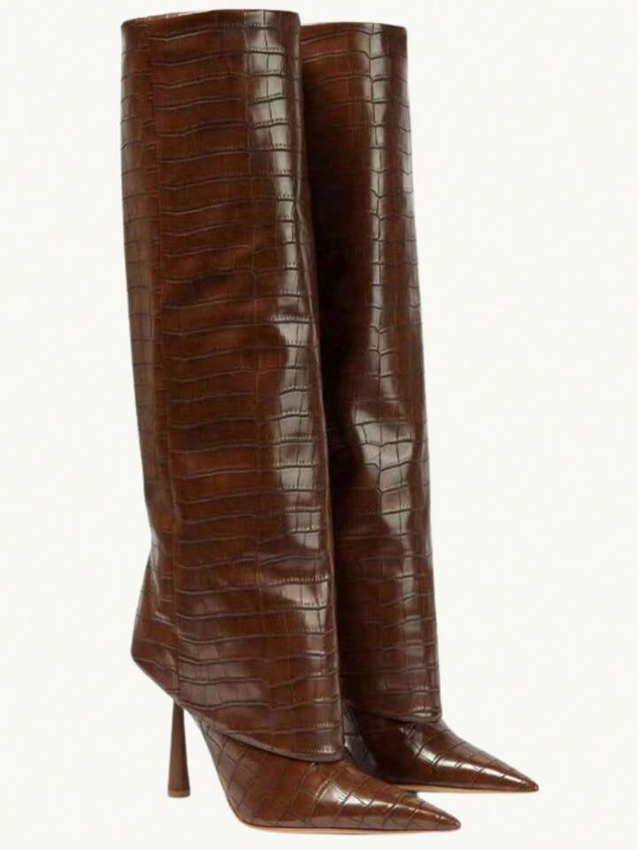 Luxury Fashion Women's Over Knee Boots Pointed Toe Lace Wide Calf Fold Down Full Zip Stiletto Hee... | SHEIN