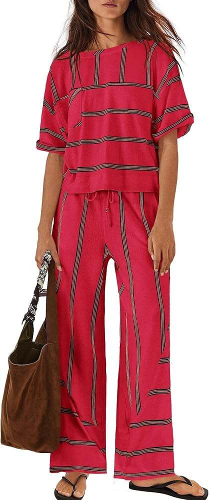 Nirovien Womens Striped Lounge Set 2 Piece Vacation Sets Short Sleeve Tops and Wide Leg Pants Tra... | Amazon (US)