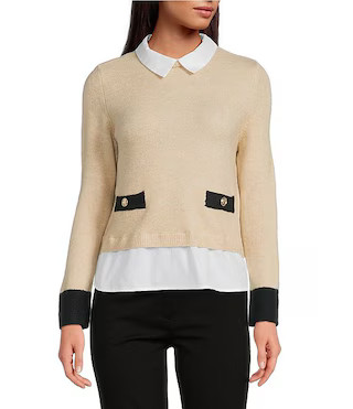 CeCe Knit Jersey Twofer Point Collar Long Sleeve Sweater Blouse | Dillard's | Dillard's