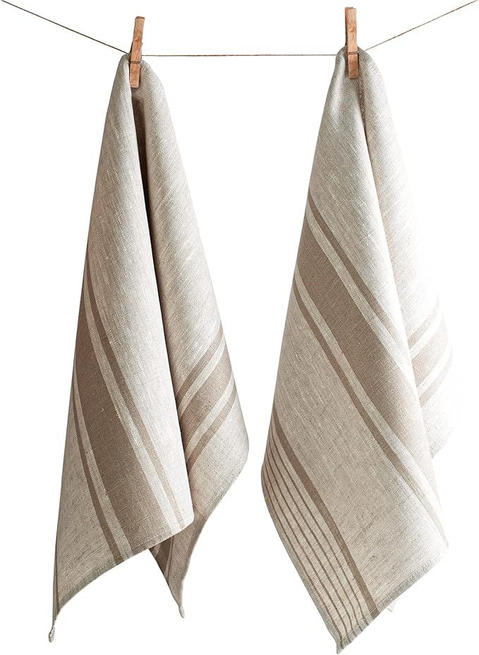 Pure Linen Kitchen Tea Towels Set of 2 Pieces 17 x 27 inches _ Flax Dish Towels with Light Brown ... | Amazon (US)