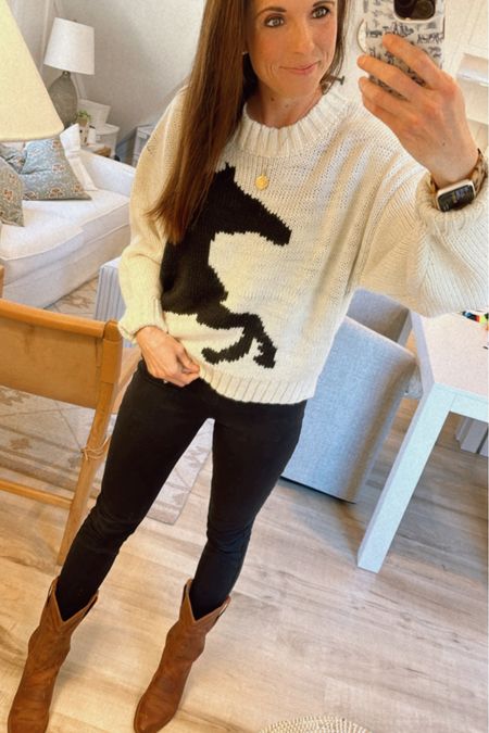 Horse sweater on a major sale from Forever21 🙌🏻 These Spanx jeans are a go to! And obviously my favorite Tecovas cowboy boots 🤠 #equestrian #horse 

#LTKsalealert #LTKstyletip #LTKshoecrush