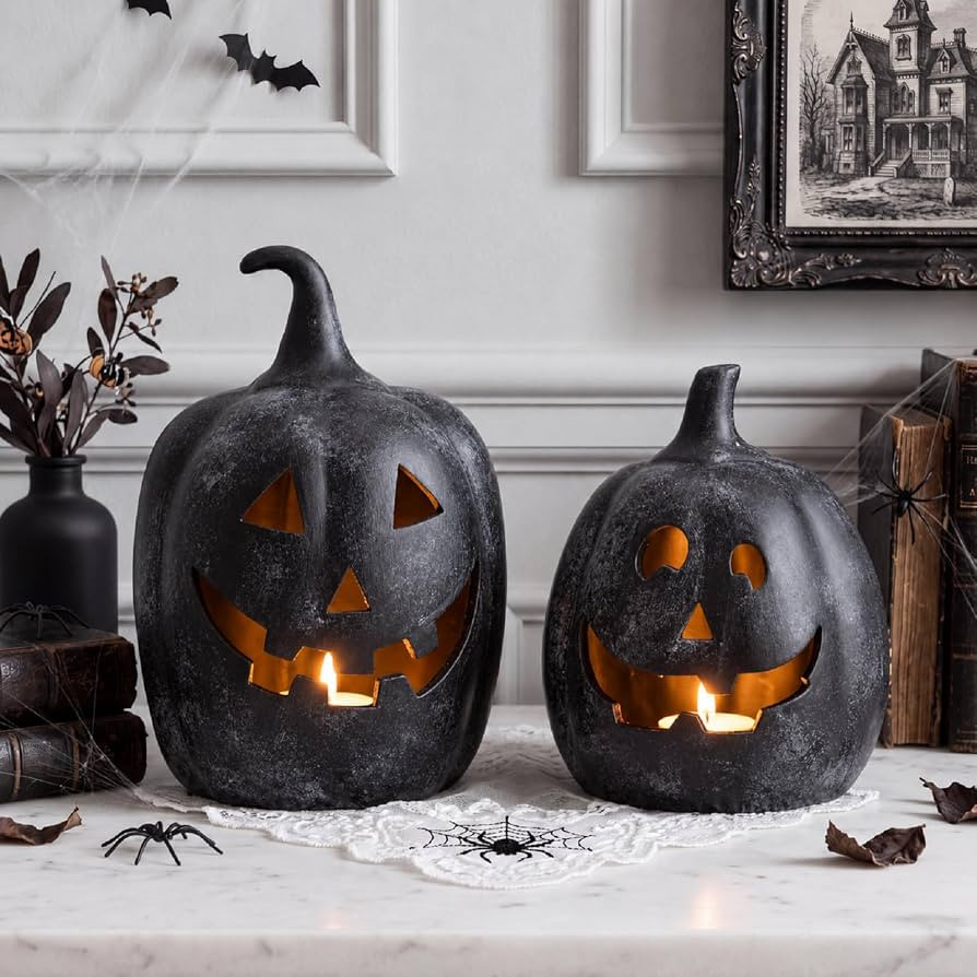 2 Set Halloween Terracotta Pumpkin Decoration Hold LED Candle Black | Amazon (US)
