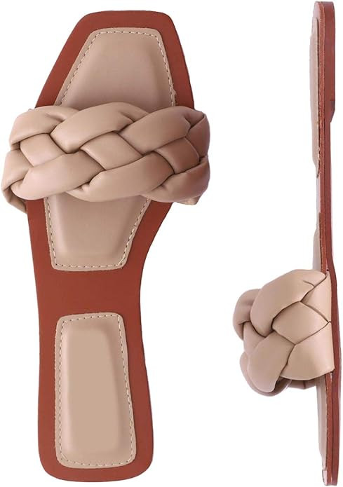 depdream Women's Flat Sandal Slip-on Square Open Toe Slides Slippers | Amazon (US)