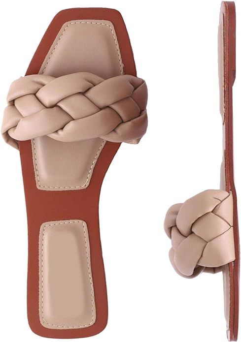 depdream Women's Flat Sandal Slip-on Square Open Toe Slides Slippers | Amazon (US)
