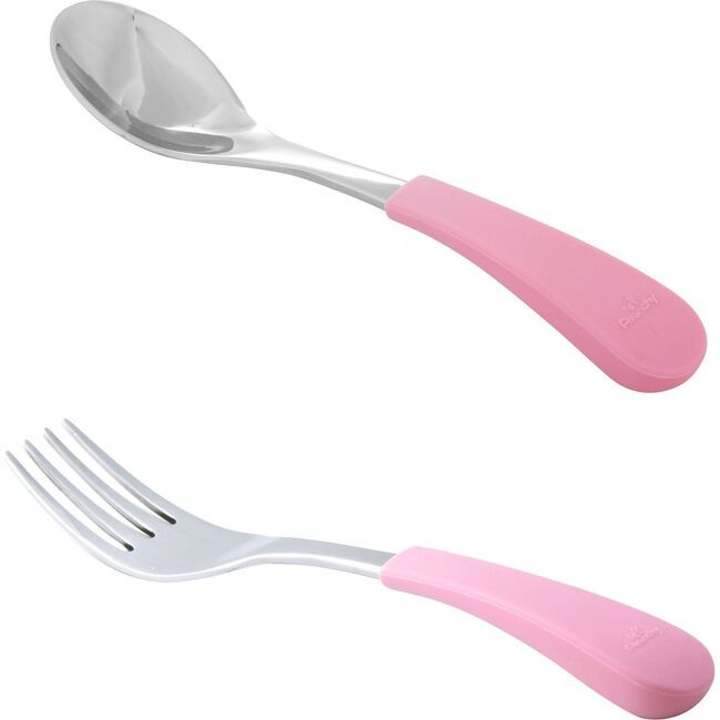 Stainless Steel-Baby Spoon & Fork, Pink | Maisonette