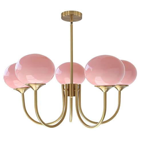 Flyrose 5-Light Pink Glass Ceiling Light Brass Gold Globe Pendant Light Modern Pink Bubble Chandelier Girls Bedroom Chandelier Light Fixture | Amazon (US)