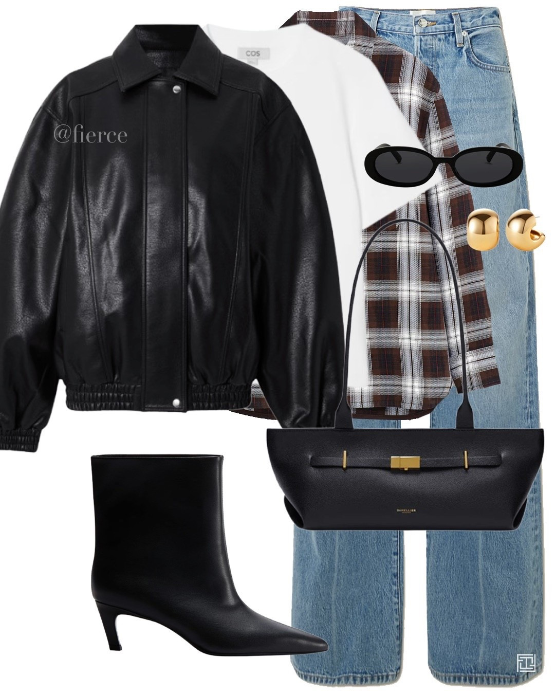 Black leather bomber jacket check shirt black geeked ankle boots blue loose jeans white tshirt black elongated eclair bag casual chic look lunch date city break 

#LTKuk #LTKwinter #LTKautumn