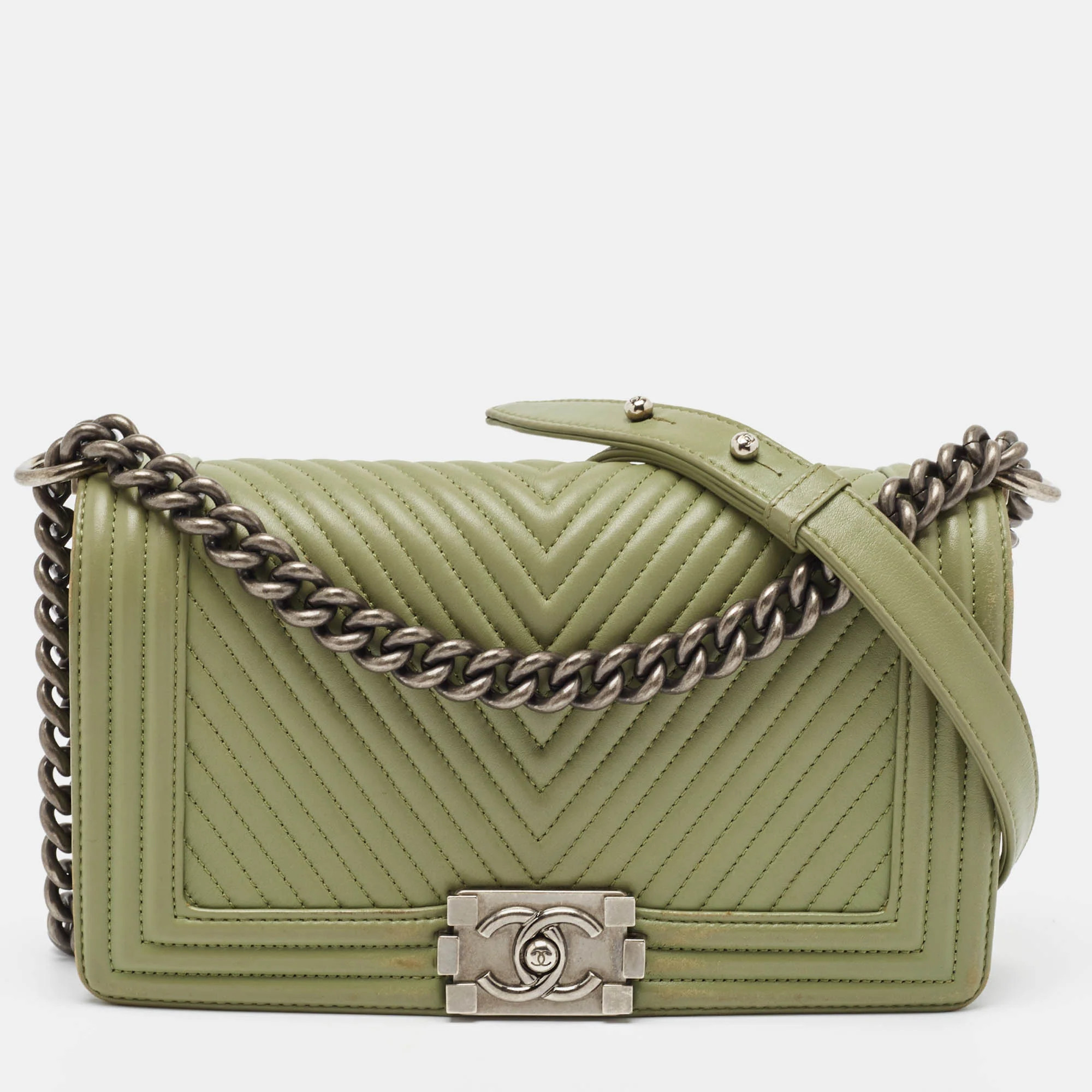Chanel Green Chevron Leather Medium Boy Flap Bag | Shop Simon