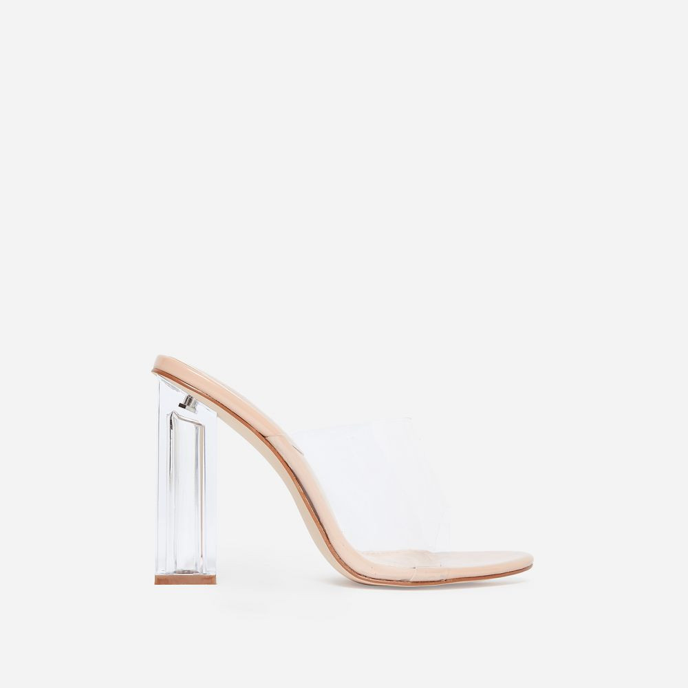 Fusion Peep Toe Perspex Block Clear Heel Mule In Nude Patent | EGO (UK)