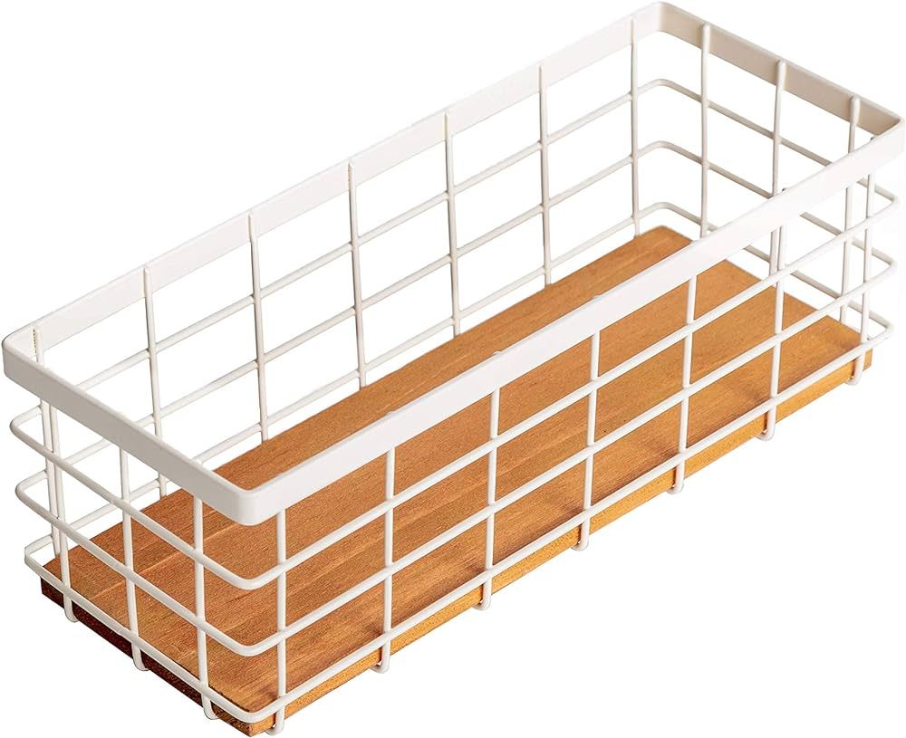 TIEYIPIN Small Metal Wire Storage Basket, Detachable Wood Base Storage Organizer Bin Basket for K... | Amazon (US)