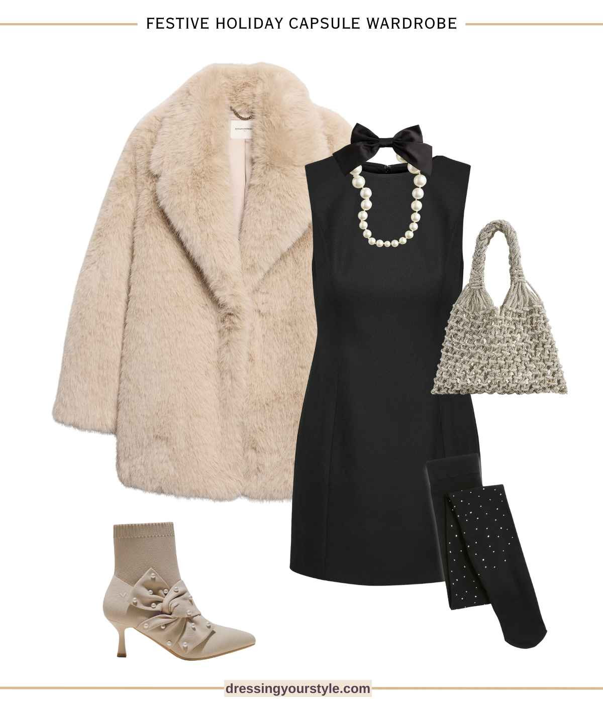 Beige end black festive holiday party outfit with little black dress and faux fur coat  

#LTKHoliday #LTKSeasonal #LTKParties