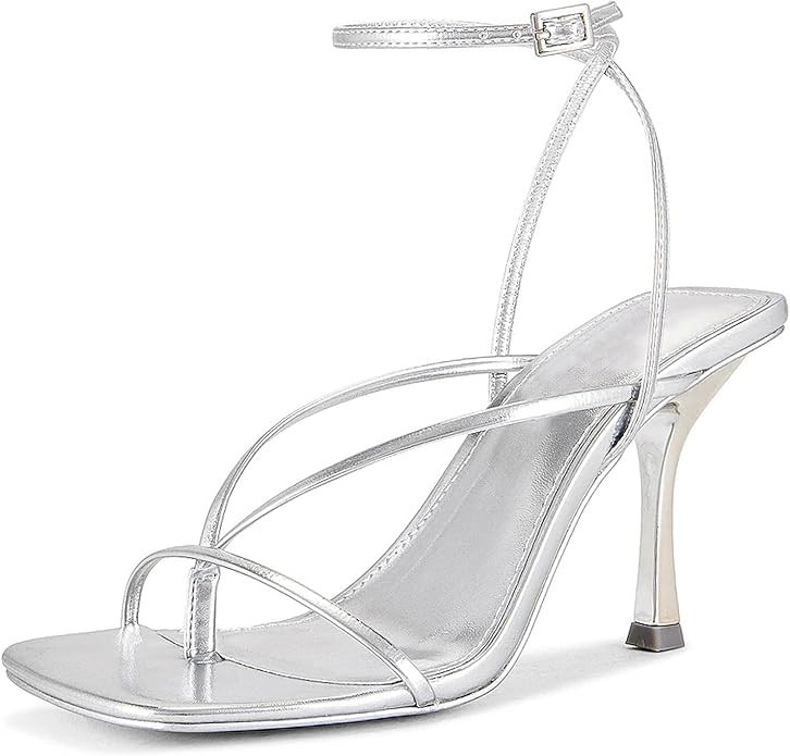 olomisa Strappy Heels for Women Square Toe Thong Heels Ankle Strap Stiletto Heeled Sandals | Amazon (US)
