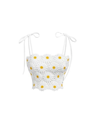 WDIRARA Women's Boho Daisy Floral Guipure Crop Top 3D Flower Tie Shoulder Square Neck Cute Cami T... | Amazon (US)